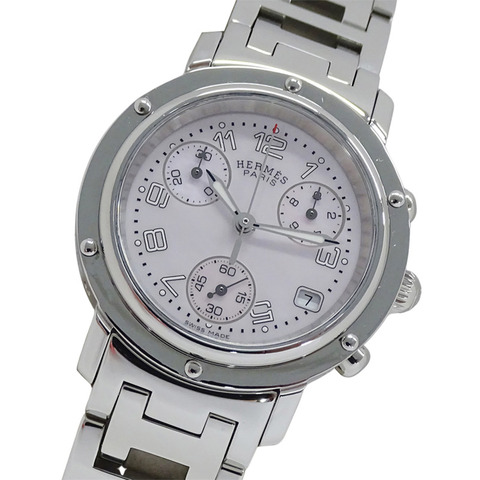 愛馬仕 (Hermes) 女士腕錶，Clipper 計時碼錶，粉紅色錶殼，石英機芯，不鏽鋼 (SS)，CL1.310，銀色