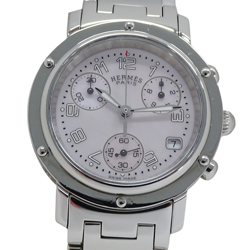 愛馬仕 (Hermes) 女士腕錶，Clipper 計時碼錶，粉紅色錶殼，石英機芯，不鏽鋼 (SS)，CL1.310，銀色-1