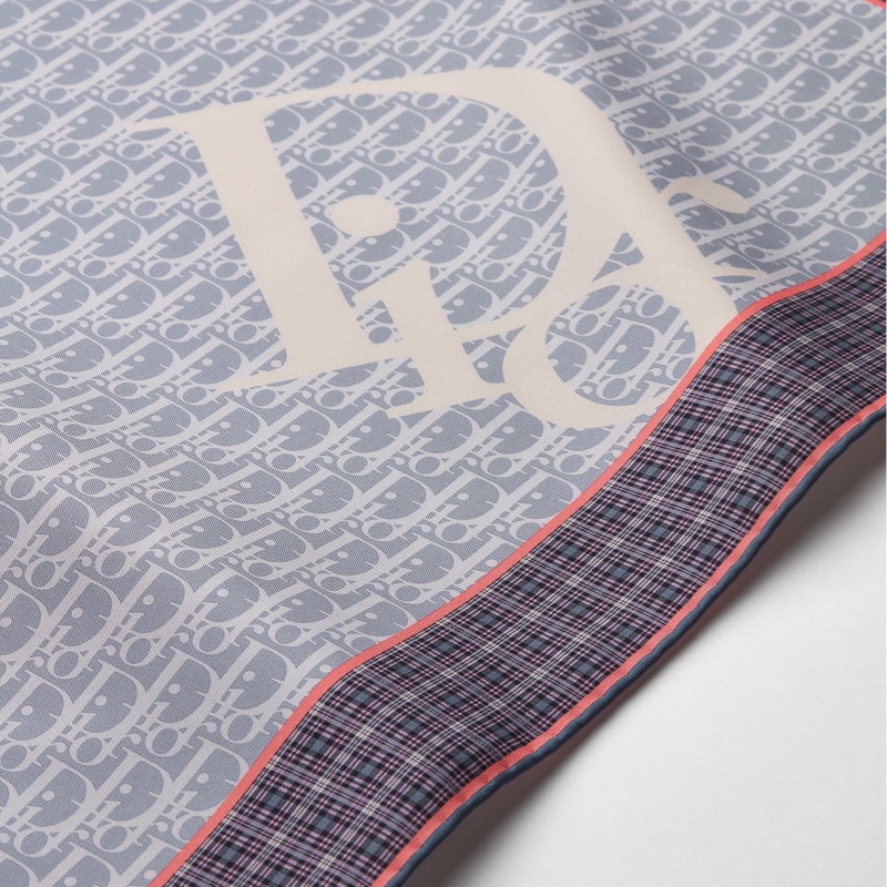 Dior Infini Tartan 老花布 藍底拼色絲綢斜紋布 90 方巾 絲巾 披肩-2