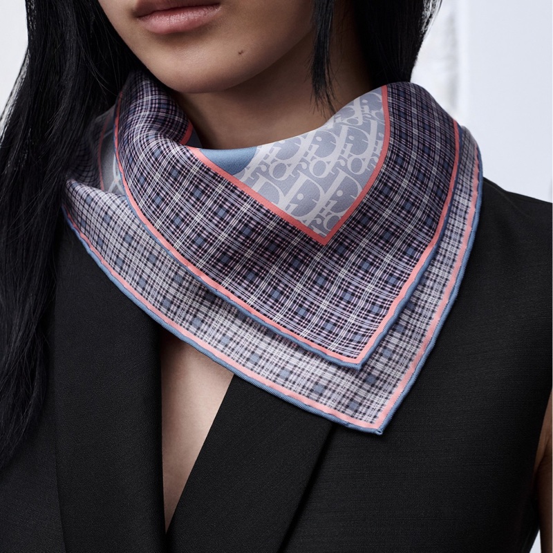 Dior Infini Tartan 老花布 藍底拼色絲綢斜紋布 90 方巾 絲巾 披肩-3