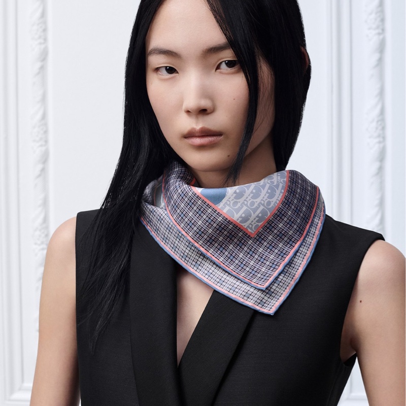 Dior Infini Tartan 老花布 藍底拼色絲綢斜紋布 90 方巾 絲巾 披肩-4