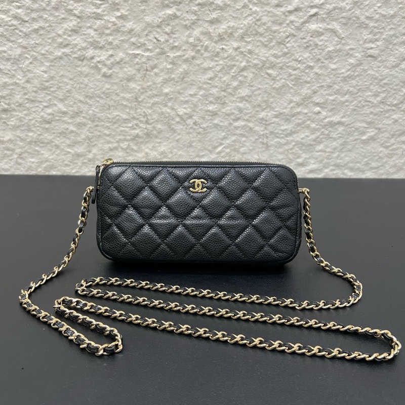 98新Chanel/香奈兒 經典晚宴包黑金荔枝皮雙層鏈條包-0