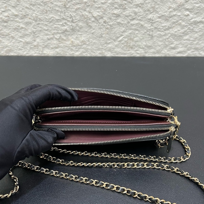 98新Chanel/香奈兒 經典晚宴包黑金荔枝皮雙層鏈條包-5