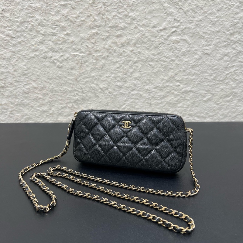 98新Chanel/香奈兒 經典晚宴包黑金荔枝皮雙層鏈條包-6