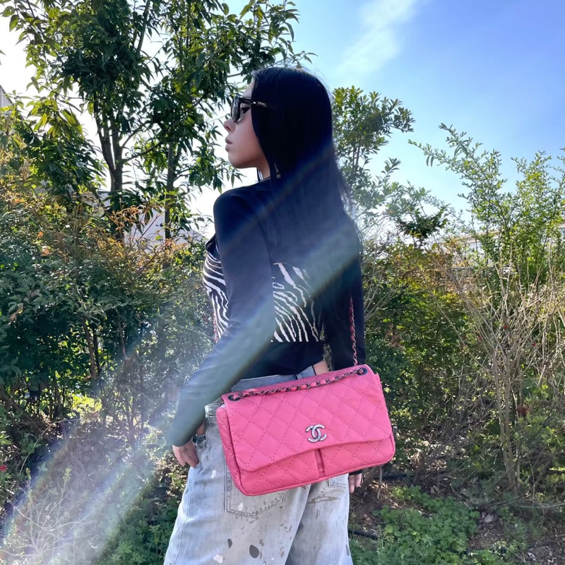 「JL精品代購」98新 Chanel粉色外縫線雙C翻蓋雙鏈條包-1