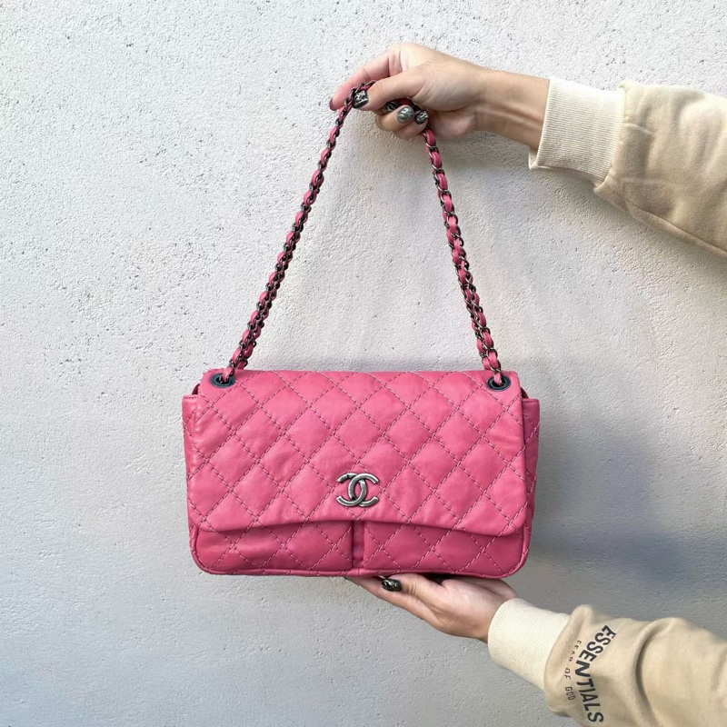 「JL精品代購」98新 Chanel粉色外縫線雙C翻蓋雙鏈條包-2