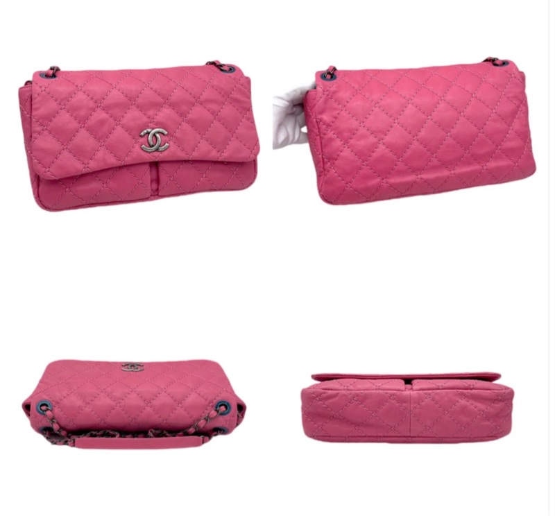 「JL精品代購」98新 Chanel粉色外縫線雙C翻蓋雙鏈條包-3