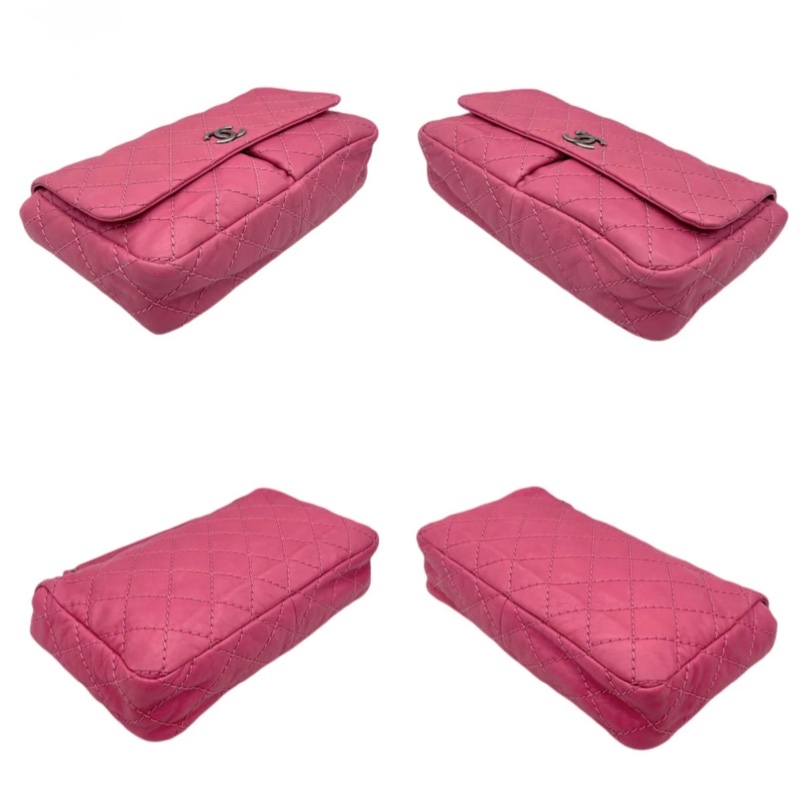 「JL精品代購」98新 Chanel粉色外縫線雙C翻蓋雙鏈條包-4