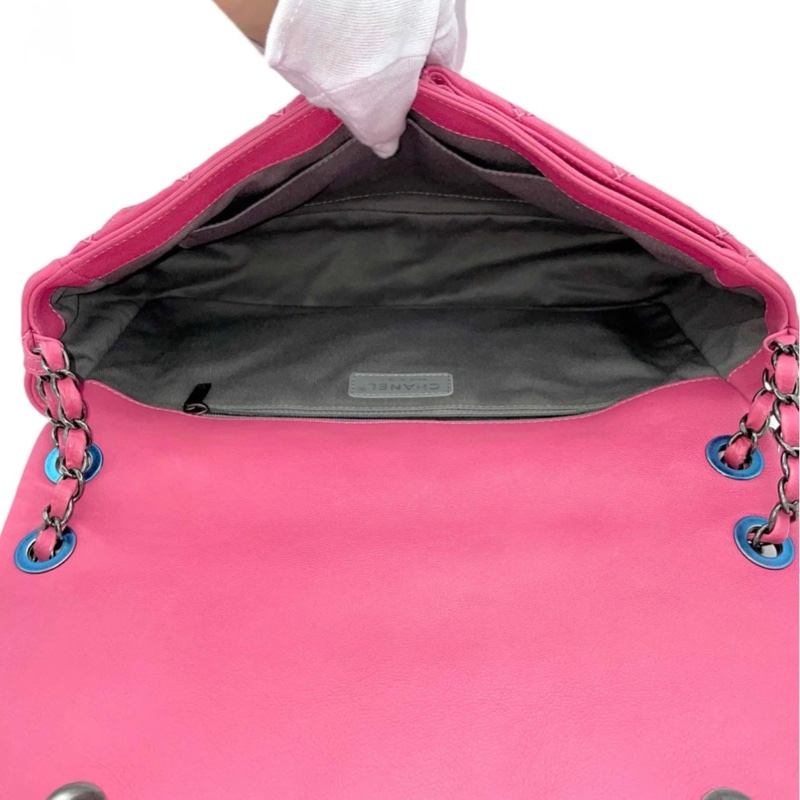 「JL精品代購」98新 Chanel粉色外縫線雙C翻蓋雙鏈條包-10