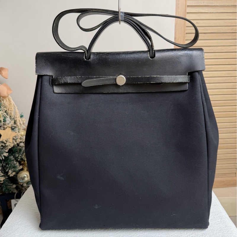 【91新 ✨ 全網最低價！】 中古 HERMES愛馬仕 黑色帆布拼皮Herbag手提 單肩 斜挎包（下單前先詢問庫存❗️❗️）-0