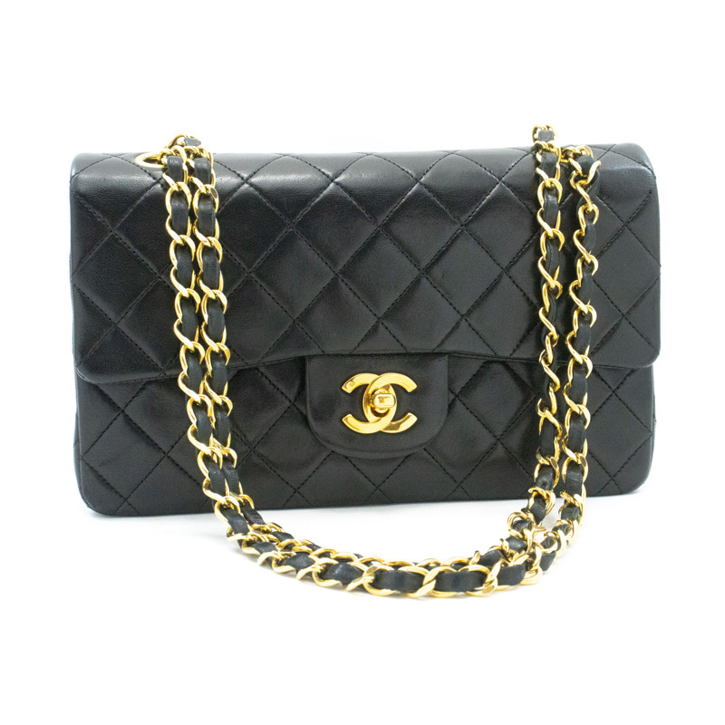 【日本直送】香奈兒經典雙蓋9吋鏈條單肩背包,黑色羊皮-1