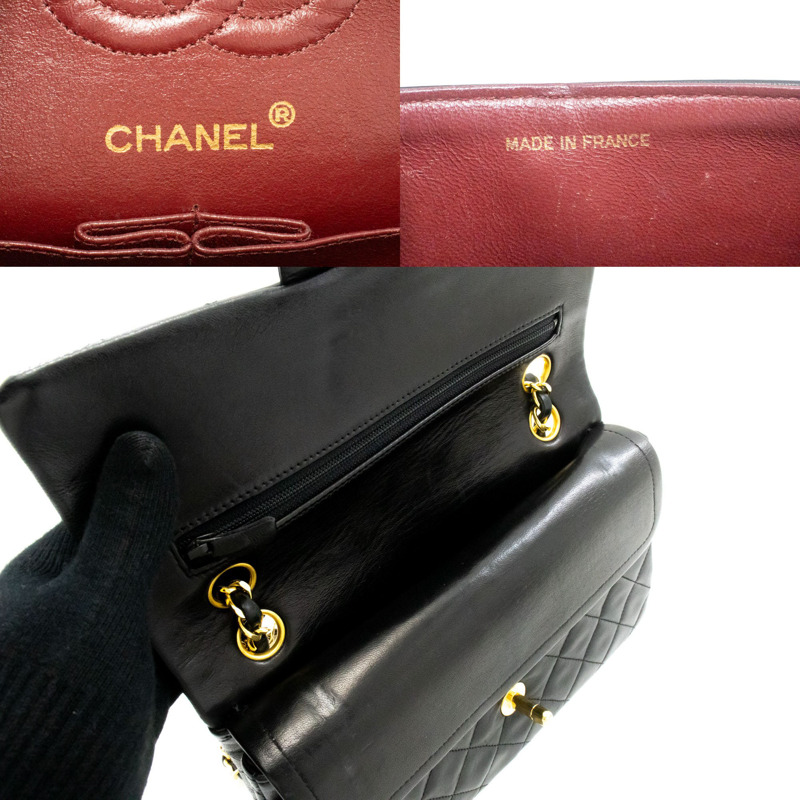 【日本直送】香奈兒經典雙蓋9吋鏈條單肩背包,黑色羊皮-7