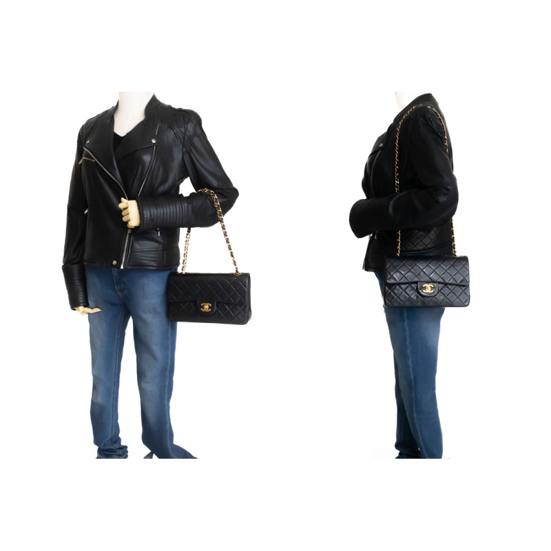 【日本直送】香奈兒經典雙蓋9吋鏈條單肩背包,黑色羊皮-11