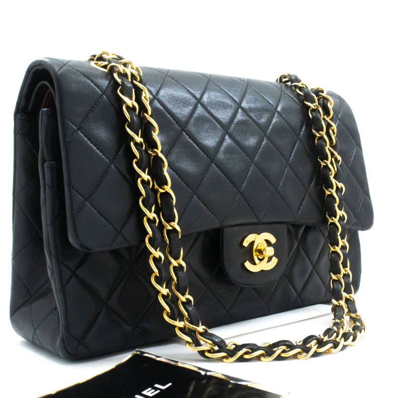 【日本直送】香奈兒經典雙蓋10吋鏈條單肩背包,黑色羊皮-0