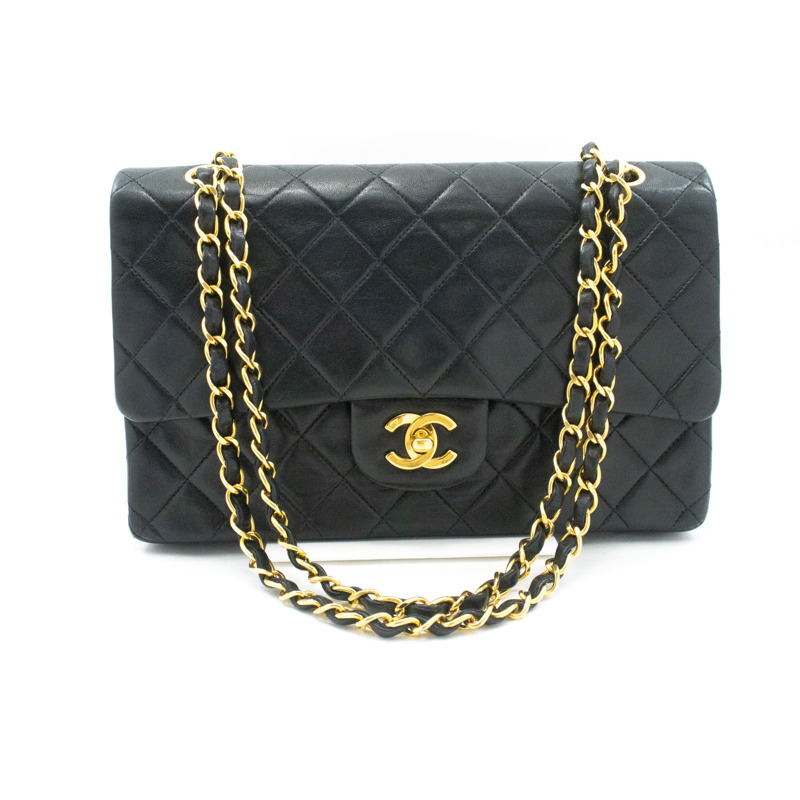 【日本直送】香奈兒經典雙蓋10吋鏈條單肩背包,黑色羊皮-1