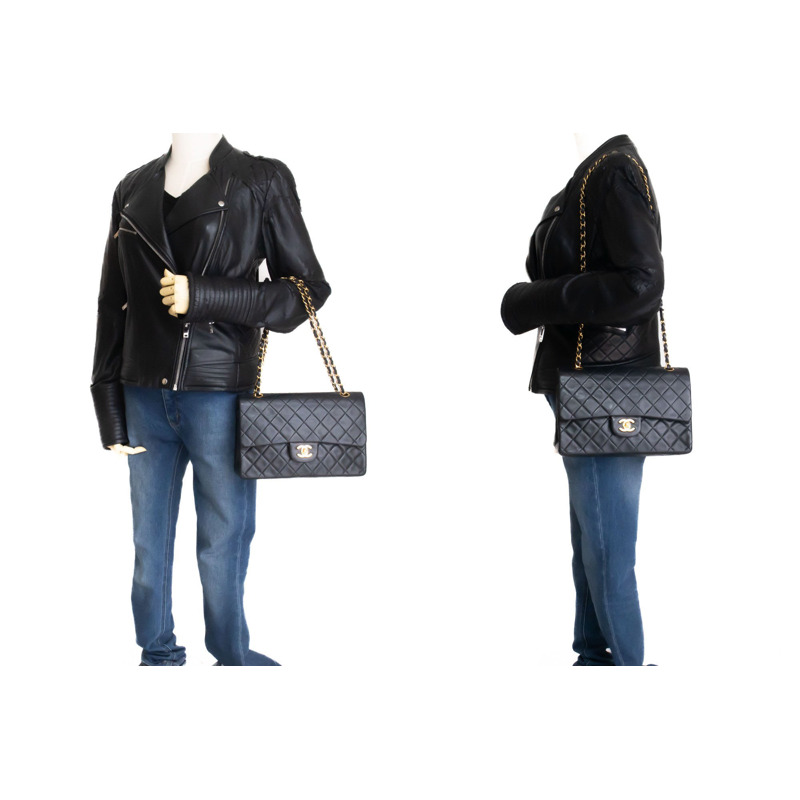 【日本直送】香奈兒經典雙蓋10吋鏈條單肩背包,黑色羊皮-11