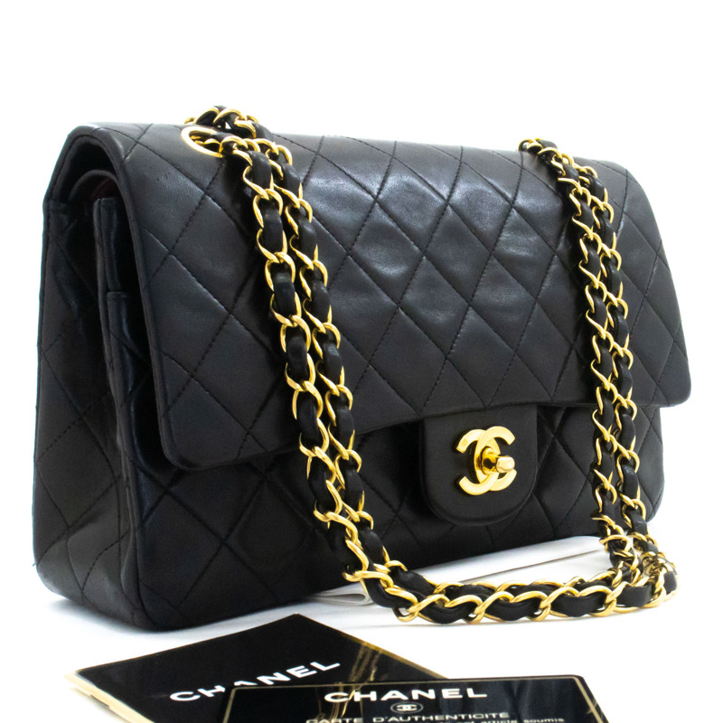 【日本直送】香奈兒經典雙蓋10吋鏈條單肩背包,黑色羊皮-0