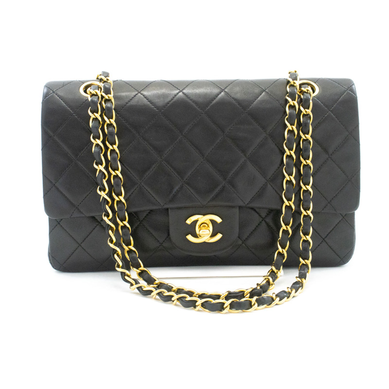 【日本直送】香奈兒經典雙蓋10吋鏈條單肩背包,黑色羊皮-1