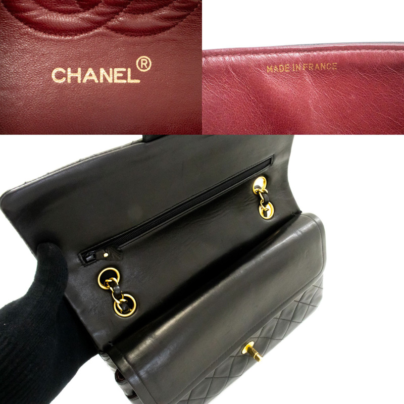 【日本直送】香奈兒經典雙蓋10吋鏈條單肩背包,黑色羊皮-7
