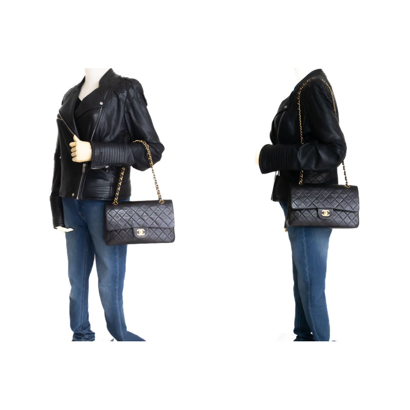 【日本直送】香奈兒經典雙蓋10吋鏈條單肩背包,黑色羊皮-11
