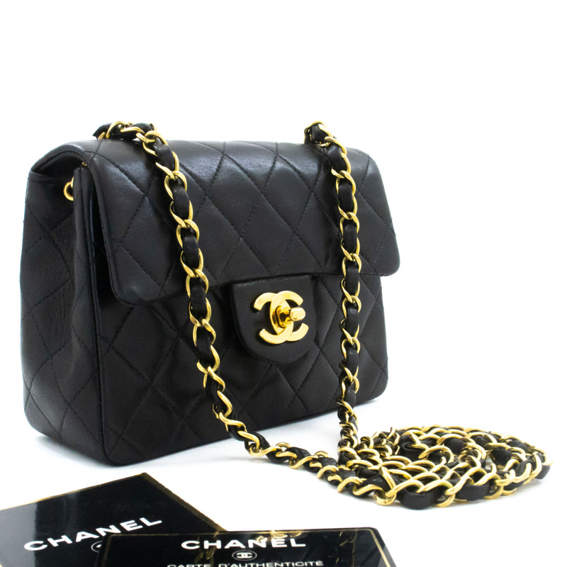 【日本直送】香奈兒迷你方形小鏈條肩背包/斜背包,黑色羊羔絨-0