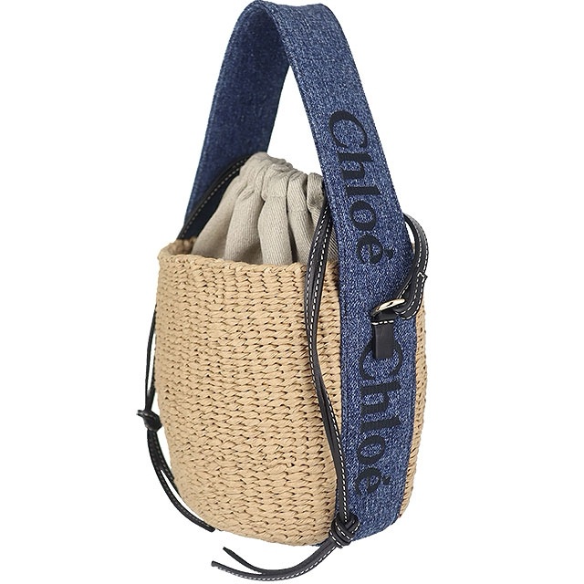 近新品-CHLOE WOODY BASKET 草編牛仔丹寧皮邊斜背/手提水桶包-0