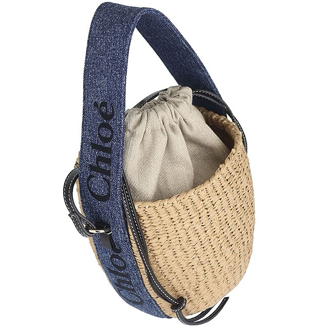 近新品-CHLOE WOODY BASKET 草編牛仔丹寧皮邊斜背/手提水桶包-1