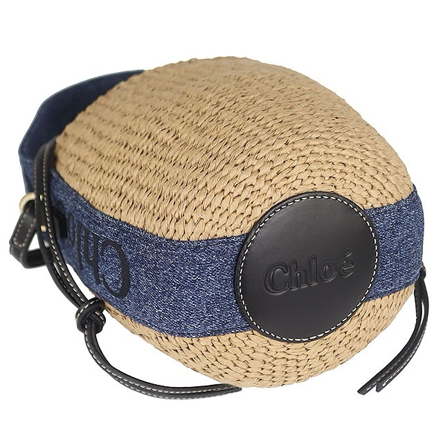 近新品-CHLOE WOODY BASKET 草編牛仔丹寧皮邊斜背/手提水桶包-2