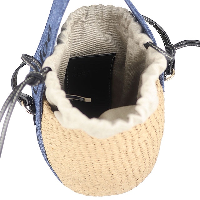 近新品-CHLOE WOODY BASKET 草編牛仔丹寧皮邊斜背/手提水桶包-3