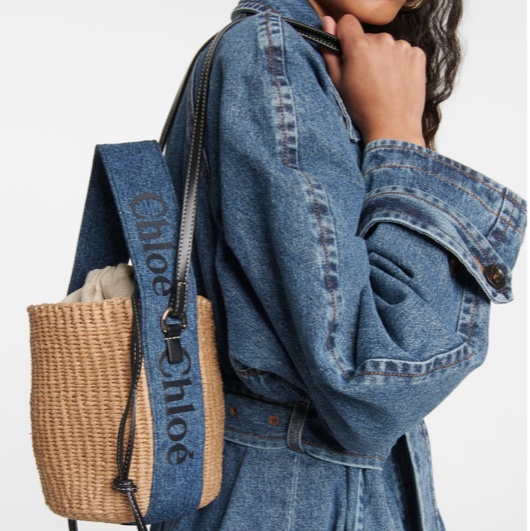 近新品-CHLOE WOODY BASKET 草編牛仔丹寧皮邊斜背/手提水桶包-4
