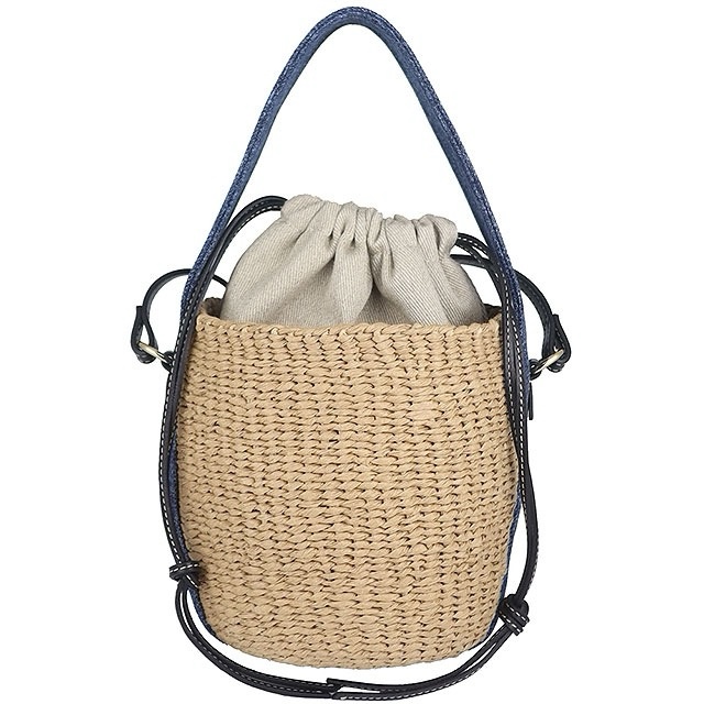 近新品-CHLOE WOODY BASKET 草編牛仔丹寧皮邊斜背/手提水桶包-7