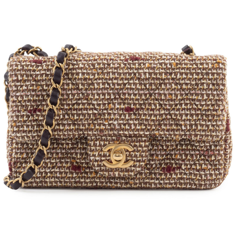 香奈兒絎縫肩背包,斜紋軟呢,棕色,鏈條,單蓋-1