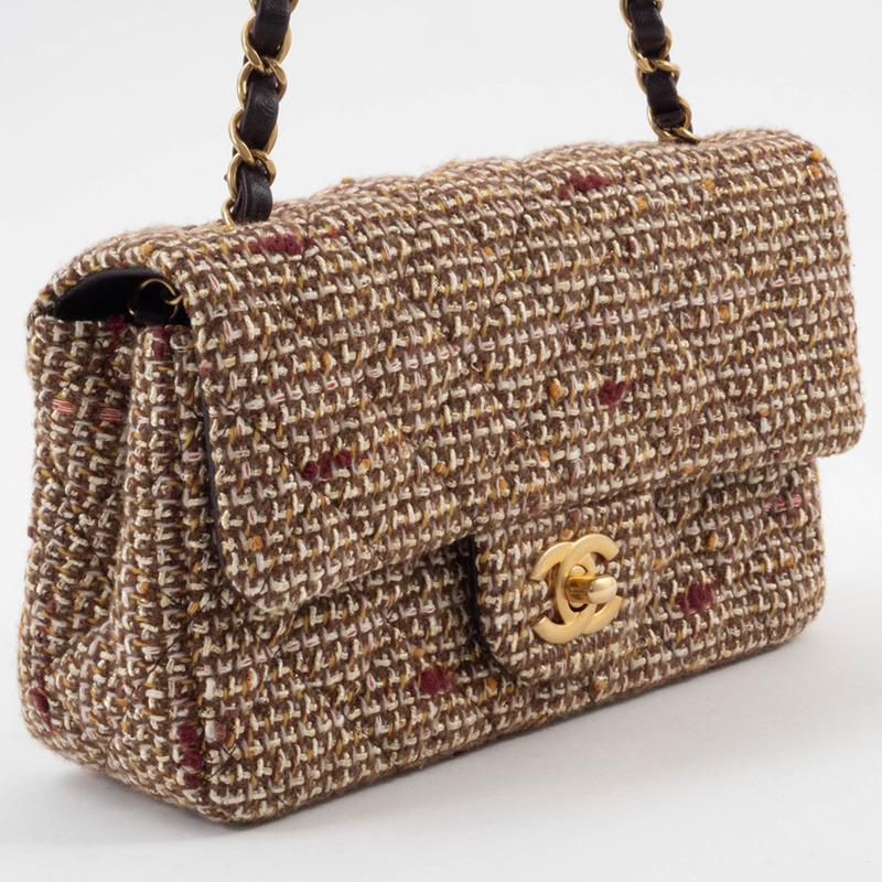 香奈兒絎縫肩背包,斜紋軟呢,棕色,鏈條,單蓋-7