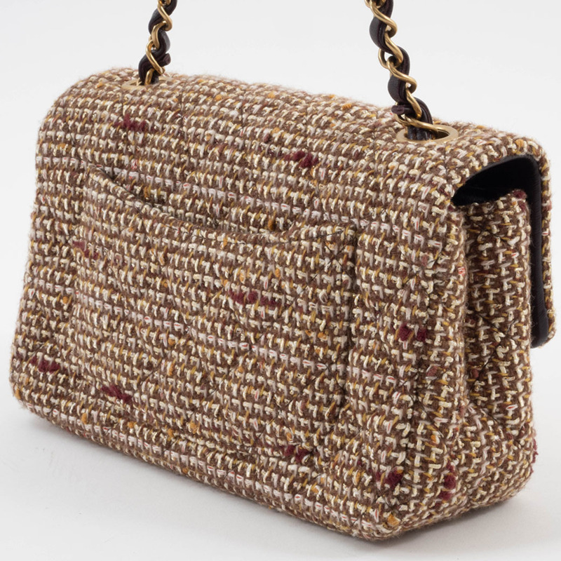 香奈兒絎縫肩背包,斜紋軟呢,棕色,鏈條,單蓋-8