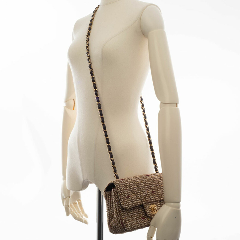 香奈兒絎縫肩背包,斜紋軟呢,棕色,鏈條,單蓋-10