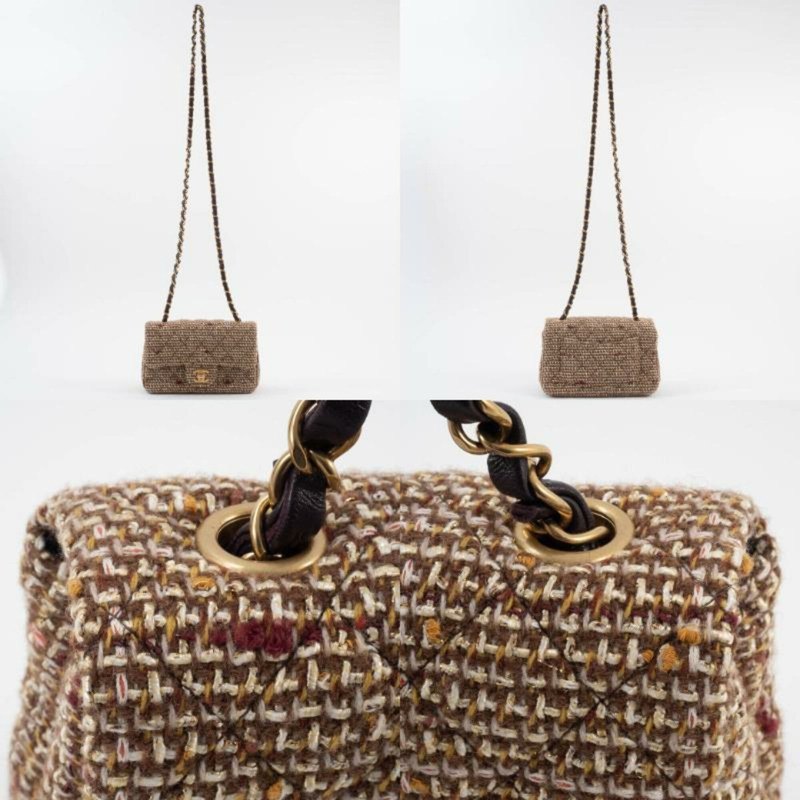 香奈兒絎縫肩背包,斜紋軟呢,棕色,鏈條,單蓋-17