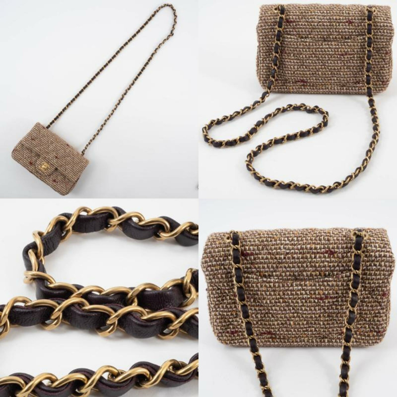 香奈兒絎縫肩背包,斜紋軟呢,棕色,鏈條,單蓋-19