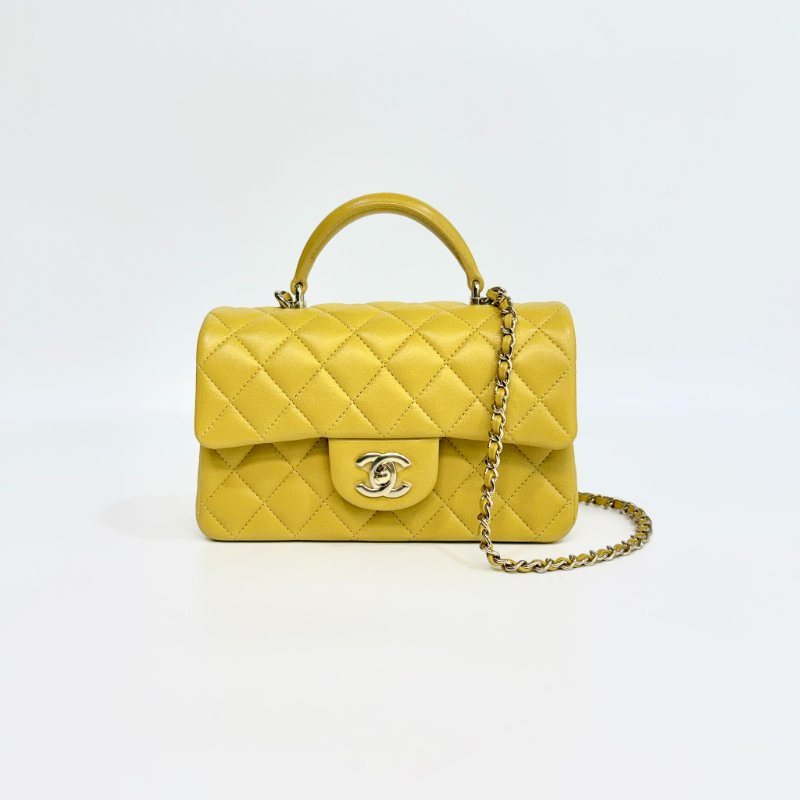 CHANEL - 芥末黃羊皮淡金釦手提把- Coco 20 cm-1