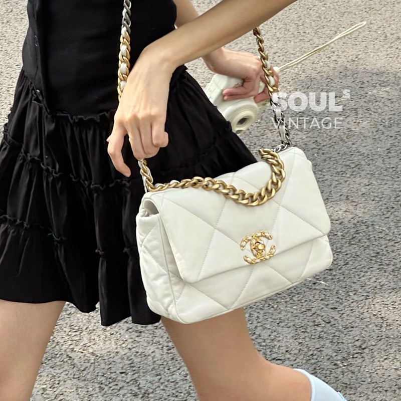 白雪公主來啦❄️99新🆕Chanel香奈兒白金菱格紋小號19bag單肩斜挎手提包-1