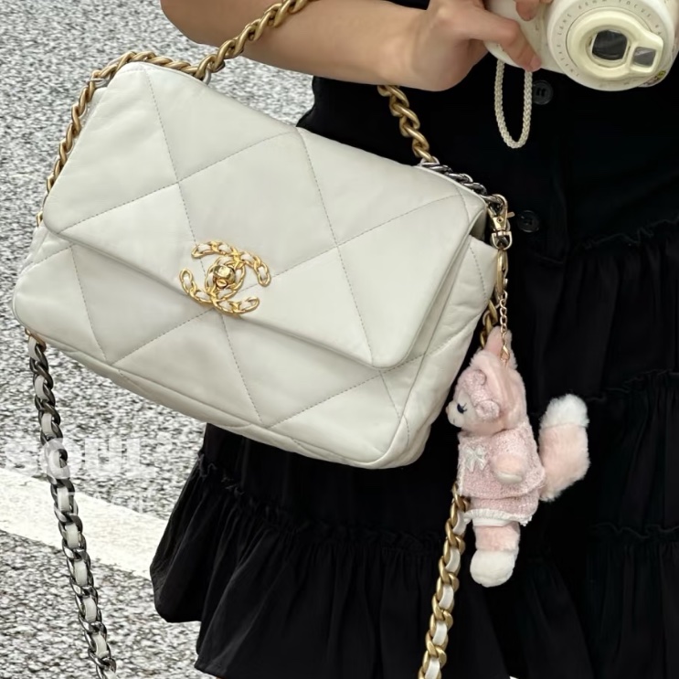 白雪公主來啦❄️99新🆕Chanel香奈兒白金菱格紋小號19bag單肩斜挎手提包-3