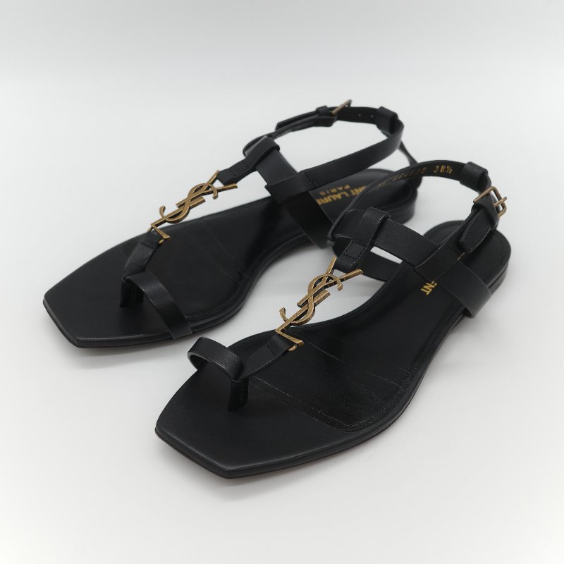 Saint Laurent 聖羅蘭 YSL 金屬 Logo 復古銅金 黑色牛皮 平底涼鞋-1