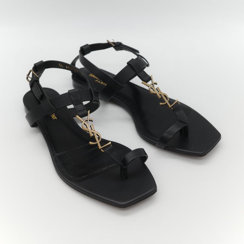 Saint Laurent 聖羅蘭 YSL 金屬 Logo 復古銅金 黑色牛皮 平底涼鞋-2