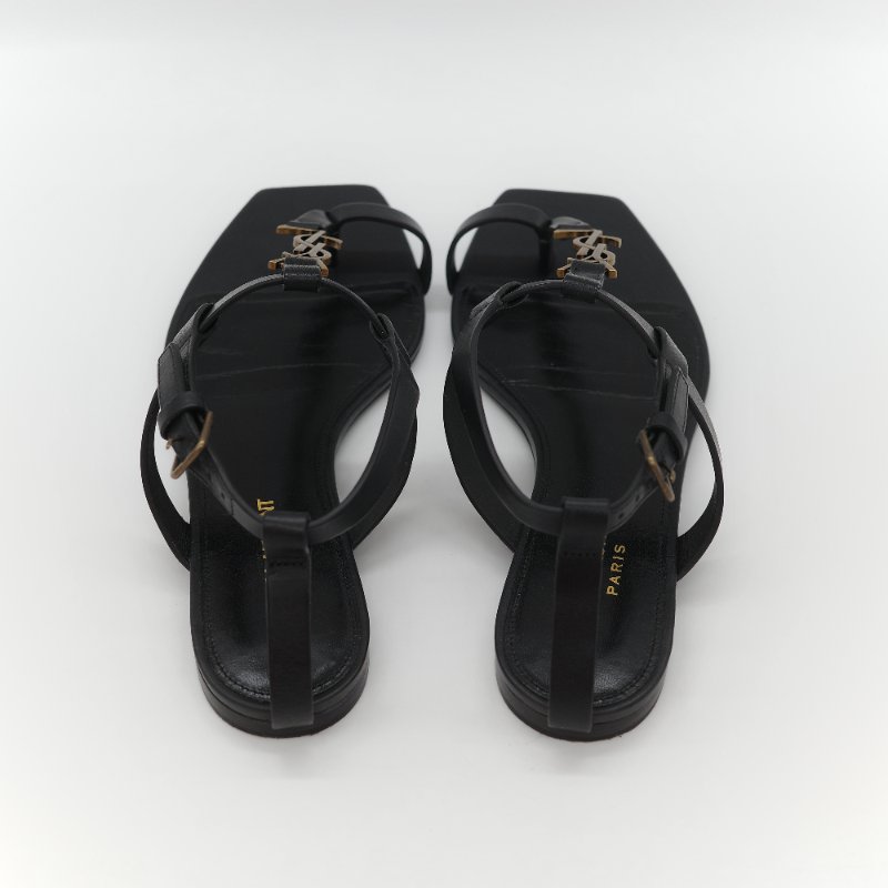 Saint Laurent 聖羅蘭 YSL 金屬 Logo 復古銅金 黑色牛皮 平底涼鞋-3