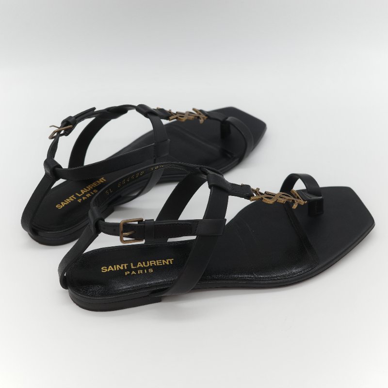 Saint Laurent 聖羅蘭 YSL 金屬 Logo 復古銅金 黑色牛皮 平底涼鞋-4