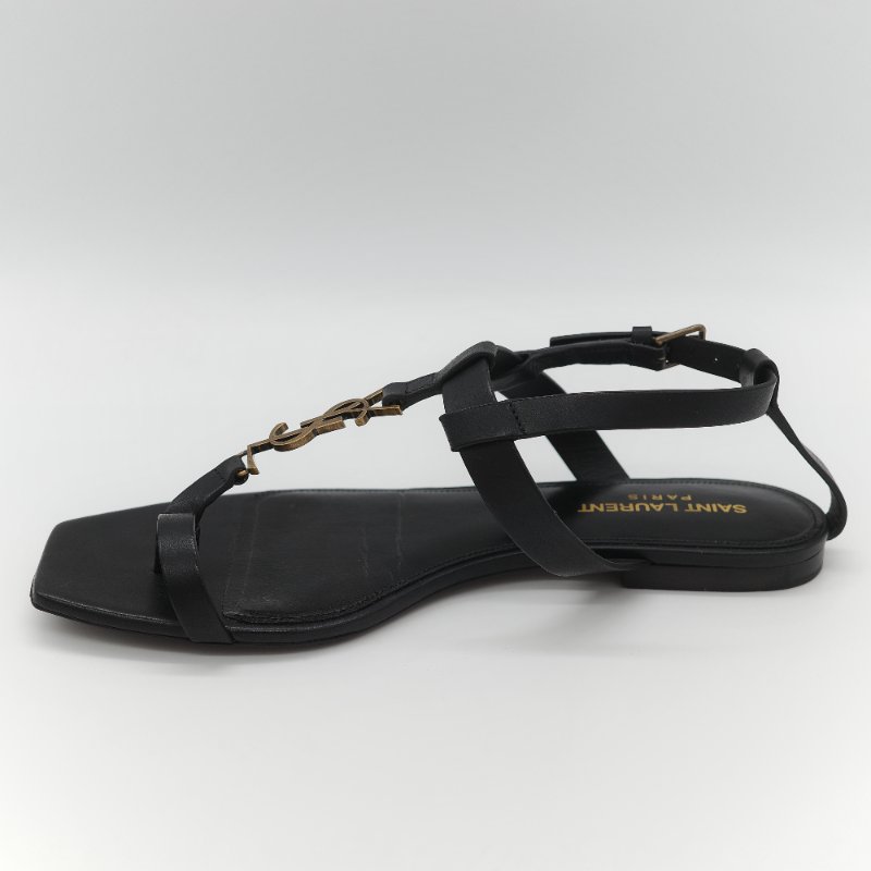 Saint Laurent 聖羅蘭 YSL 金屬 Logo 復古銅金 黑色牛皮 平底涼鞋-5
