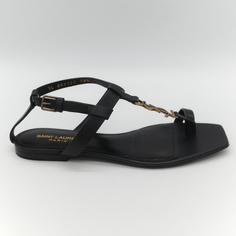Saint Laurent 聖羅蘭 YSL 金屬 Logo 復古銅金 黑色牛皮 平底涼鞋-6