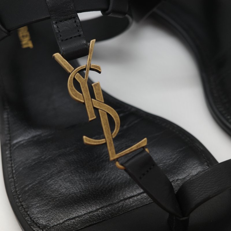 Saint Laurent 聖羅蘭 YSL 金屬 Logo 復古銅金 黑色牛皮 平底涼鞋-7