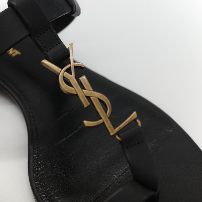 Saint Laurent 聖羅蘭 YSL 金屬 Logo 復古銅金 黑色牛皮 平底涼鞋-8