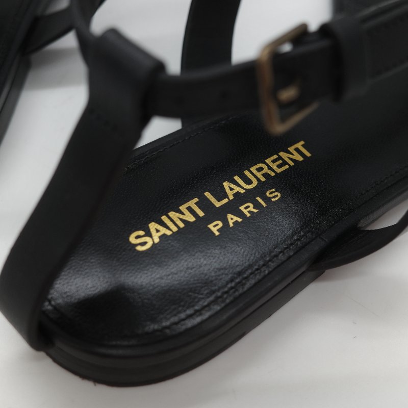 Saint Laurent 聖羅蘭 YSL 金屬 Logo 復古銅金 黑色牛皮 平底涼鞋-9