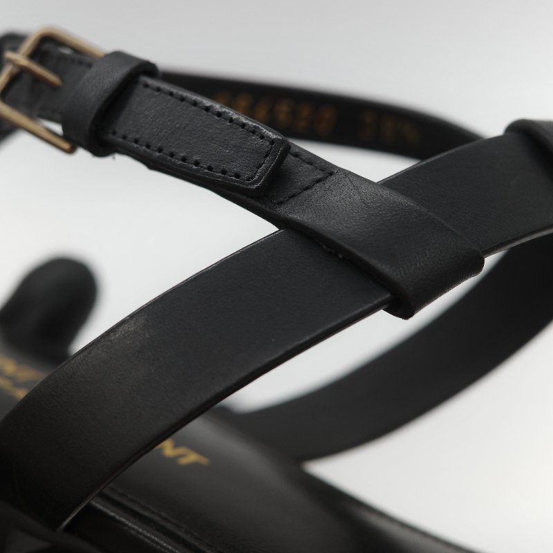 Saint Laurent 聖羅蘭 YSL 金屬 Logo 復古銅金 黑色牛皮 平底涼鞋-12